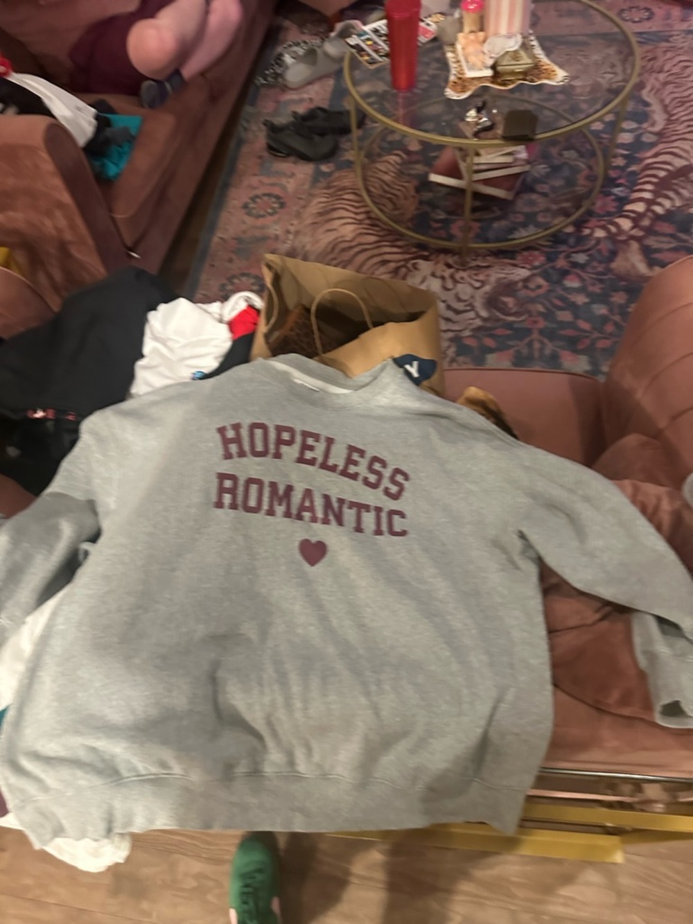 Old Navy Gray Crewneck Sweatshirt with Maroon 'Hopeless Romantic' Print